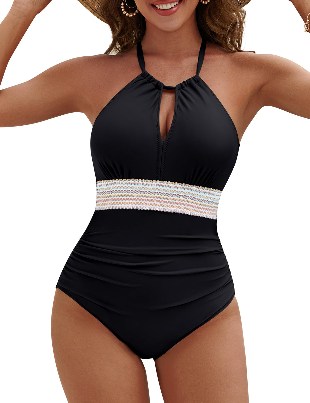 Black Blooming Jelly Tummy Control One Piece Swimsuit with colorful band detail, worn by a model smiling. by PureAura.