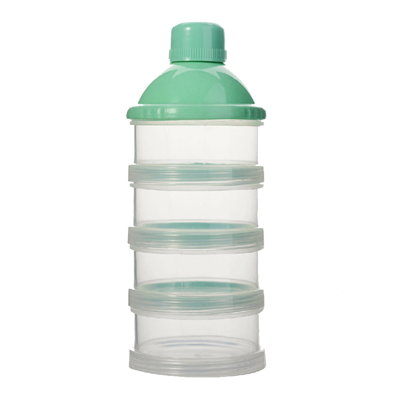 Clear portable milk powder container with a mint green lid and four layers, ideal for travel, by PureAura.
