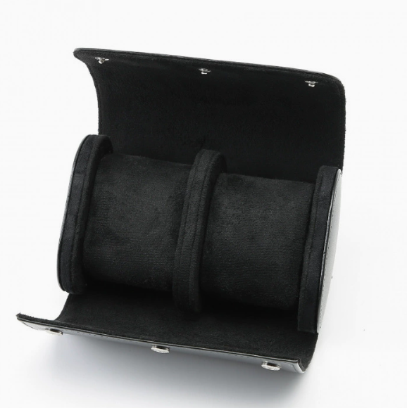 Black suede interior of the open 3 Slots Travel Watch Case showing three spacious slots for watches by PureAura.
