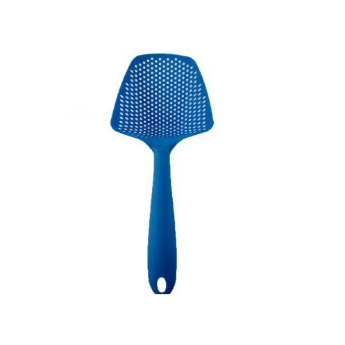 Bright blue plastic water strainer spatula with a wide perforated head for easy scooping, by PureAura.