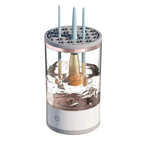 Rechargeable Automatic Makeup Brush Cleaner and Washer features a sleek design with brushes submerged in cleaning solution by