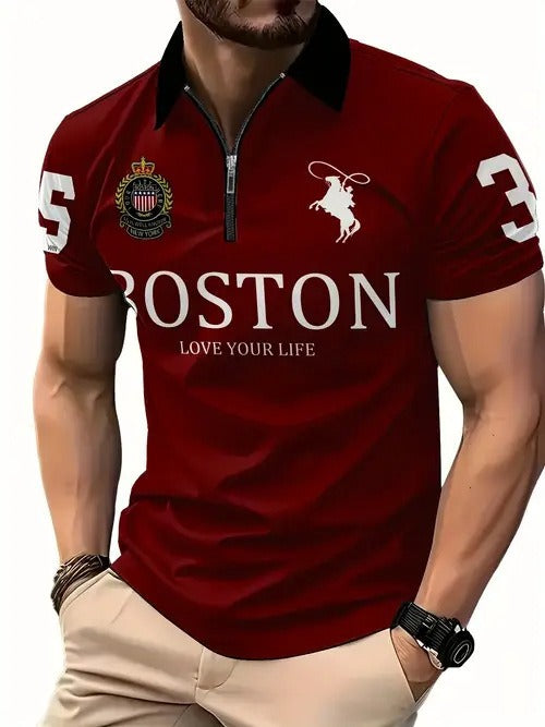 Men's Print Zip-Up Polo Shirt