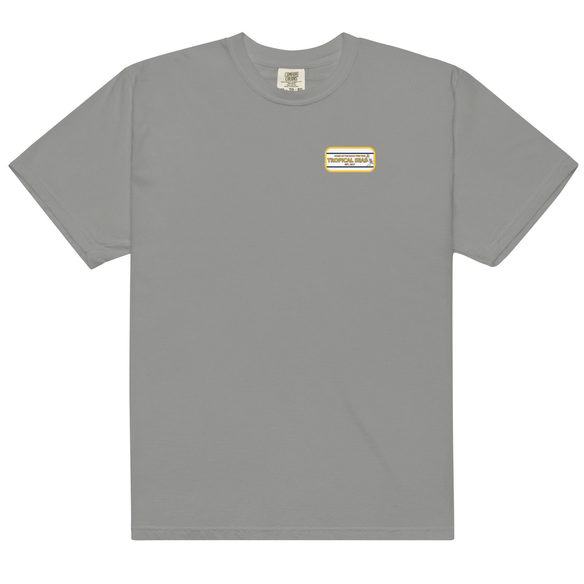 Light gray Men’s High Flying Sailor Heavyweight T-Shirt featuring a colorful chest logo by PureAura.