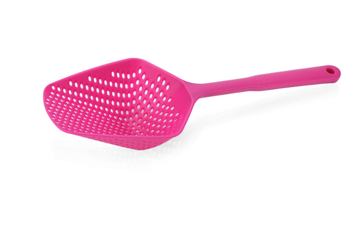 Bright pink Plastic Water Strainer Spatula and Ice Shovel with perforated design by PureAura.