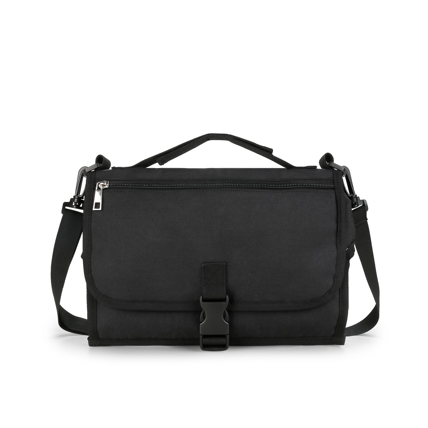 Black Portable Baby Changing Pad featuring a front zip pocket, adjustable shoulder strap, and sleek design by PureAura.