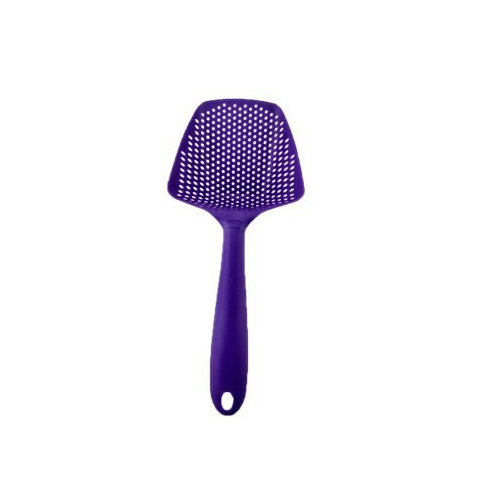Bright purple plastic water strainer spatula with a wide scoop and perforated design by PureAura.