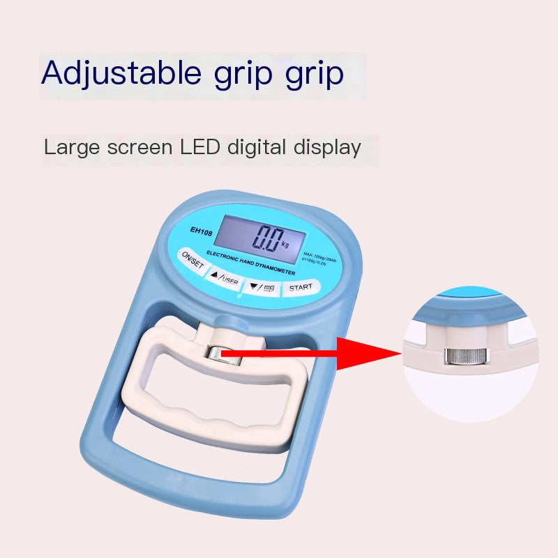 Close-up of the Adjustable Electronic Grip Strength Tester, featuring a large LED display and ergonomic design by PureAura.