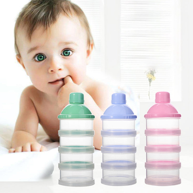 Colorful Dora Baby 4-Layer Portable Milk Powder Container displayed beside an adorable baby, highlighting design by PureAura.