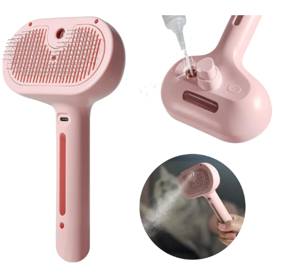 The pink Pet Hair Spray Brush shows water spraying feature being used, highlighting its practical design by PureAura.
