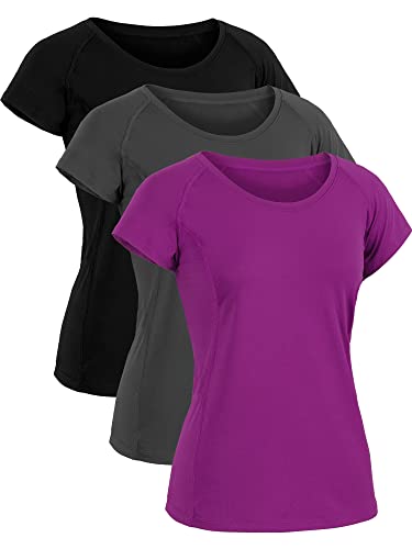 CADMUS Women's 3-Pack Dry Fit Yoga Tops - Black, Grey, Purple, XL