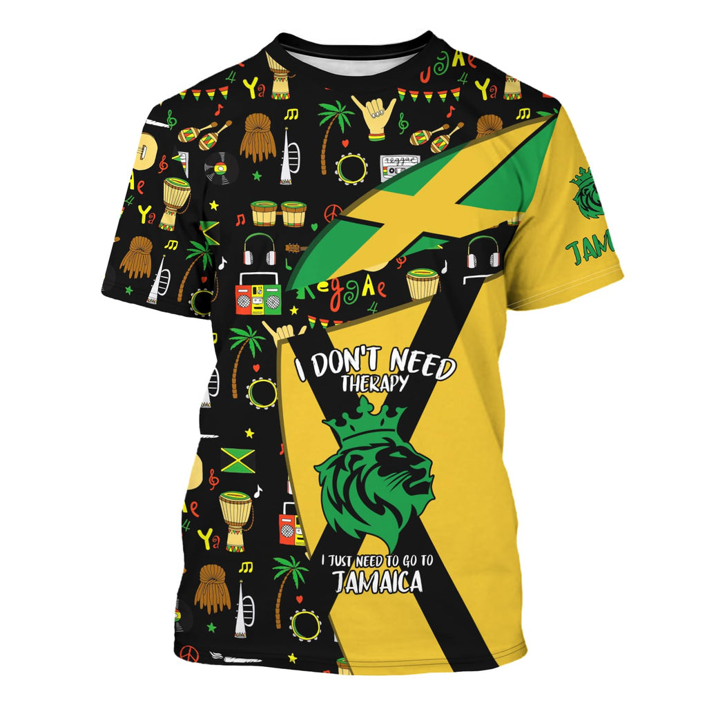 Vibrant BJU Jamaica Flag T-Shirt featuring a lion graphic and reggae motifs in yellow, green, and black by PureAura.