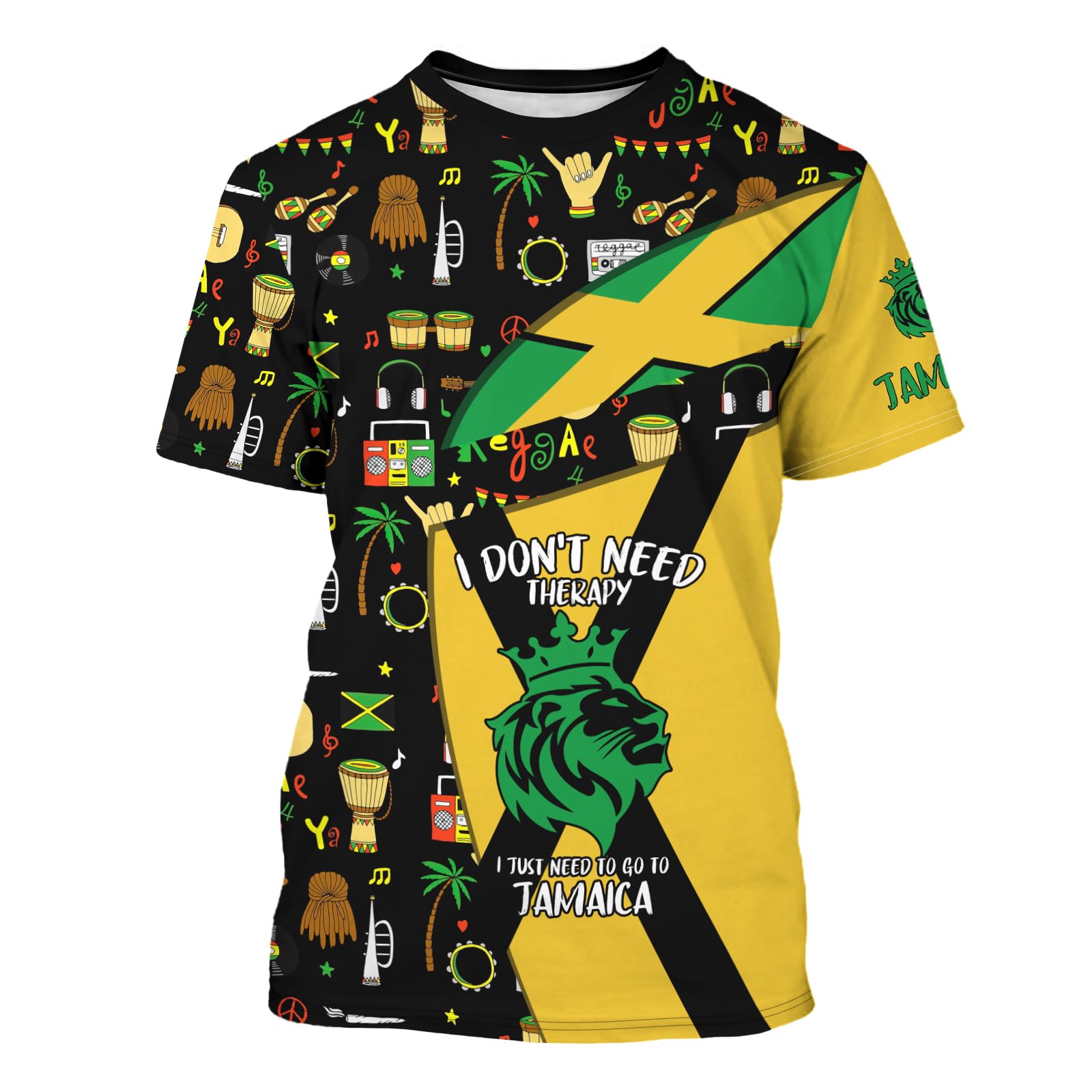 Vibrant BJU Jamaica Flag T-Shirt featuring a lion graphic and reggae motifs in yellow, green, and black by PureAura.