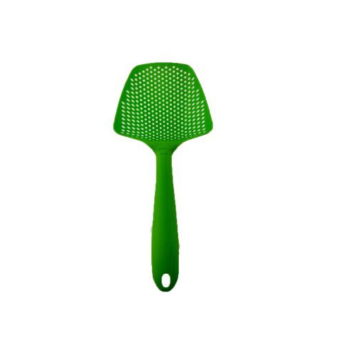 Bright green plastic water strainer spatula with a perforated head, ideal for scooping ice or liquids, by PureAura.