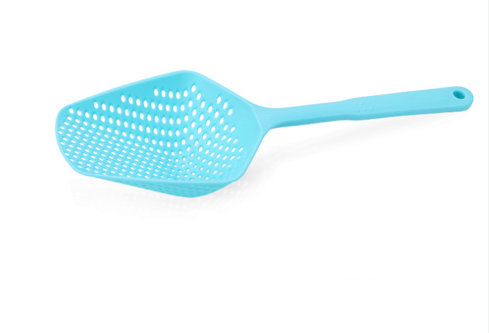 Bright blue Plastic Water Strainer Spatula and Ice Shovel features a perforated design, ideal for draining liquids by PureAur