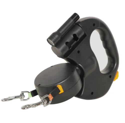 The compact dual handle design of the Auto Double Dog Leash by PureAura features a sleek black body and secure attachments.