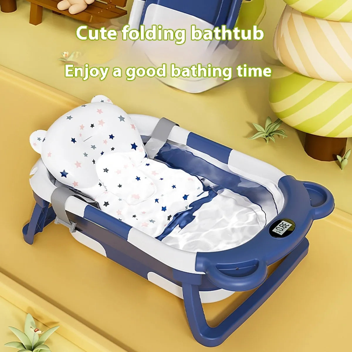 Colorful folding bathtub with a bear design, ideal for newborns, showcasing the Newborn Temp-Sensing Baby Tub by PureAura.