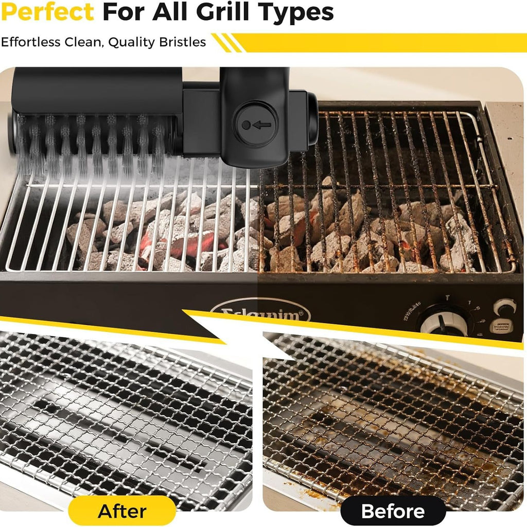 Electric BBQ Grill Brush Cleaner by PureAura shown cleaning grill grates, demonstrating effectiveness with before-and-after r