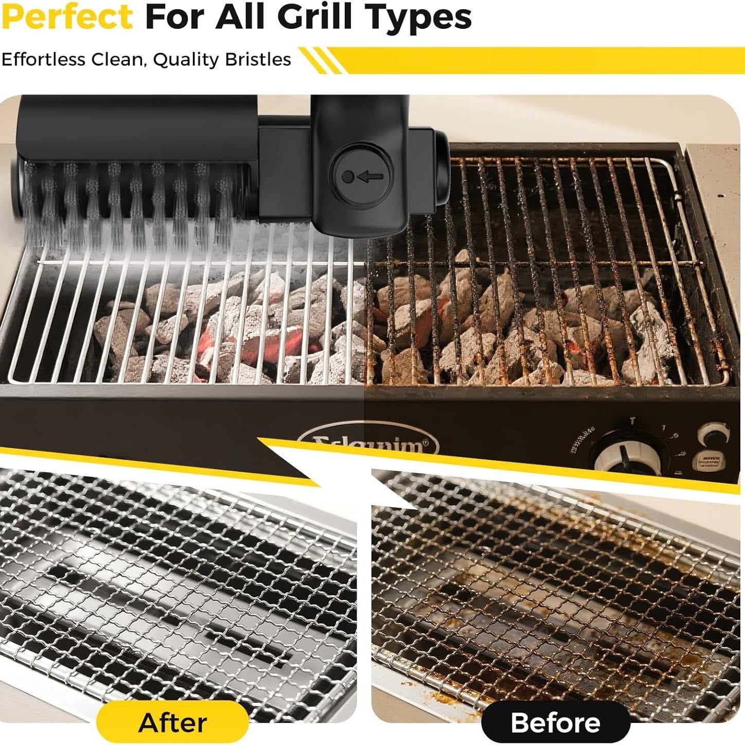 Electric BBQ Grill Brush Cleaner by PureAura shown cleaning grill grates, demonstrating effectiveness with before-and-after r