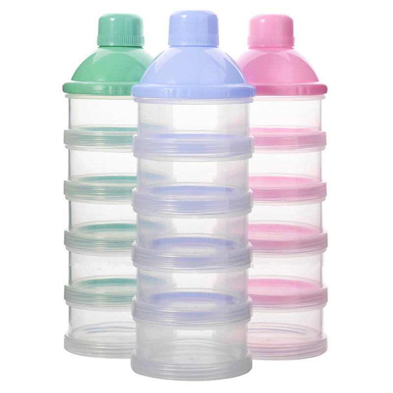 Colorful Dora Baby 4-Layer Portable Milk Powder Container stacked for easy storage by PureAura.