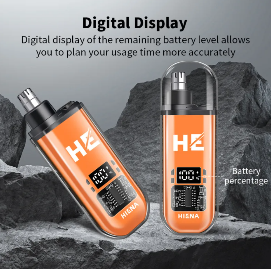 Close-up of the Portable Electric Nose Hair Trimmer displaying battery level, featuring an orange body by PureAura.