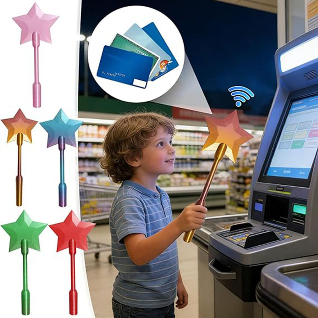 A child joyfully uses the 3D Printed Tap To Pay Magic Wand by PureAura at a checkout, showcasing vibrant colors.