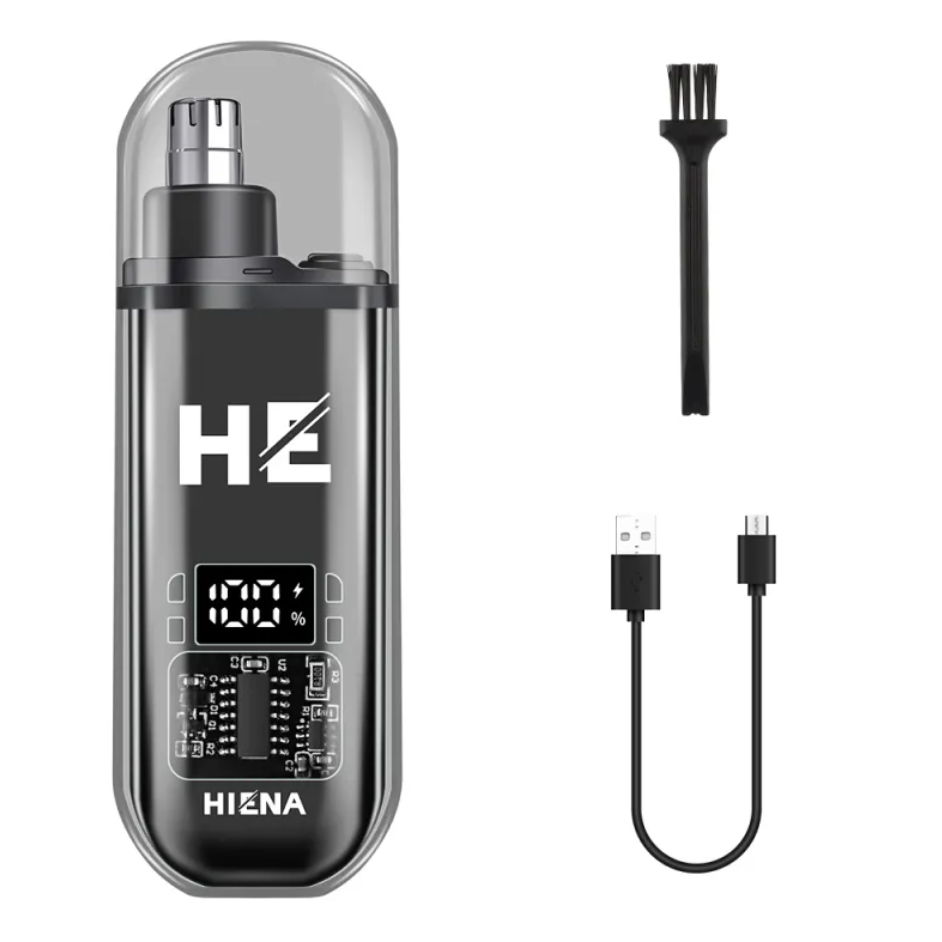 Portable Electric Nose Hair Trimmer in sleek design with digital display, cleaning brush, and charging cable by PureAura.