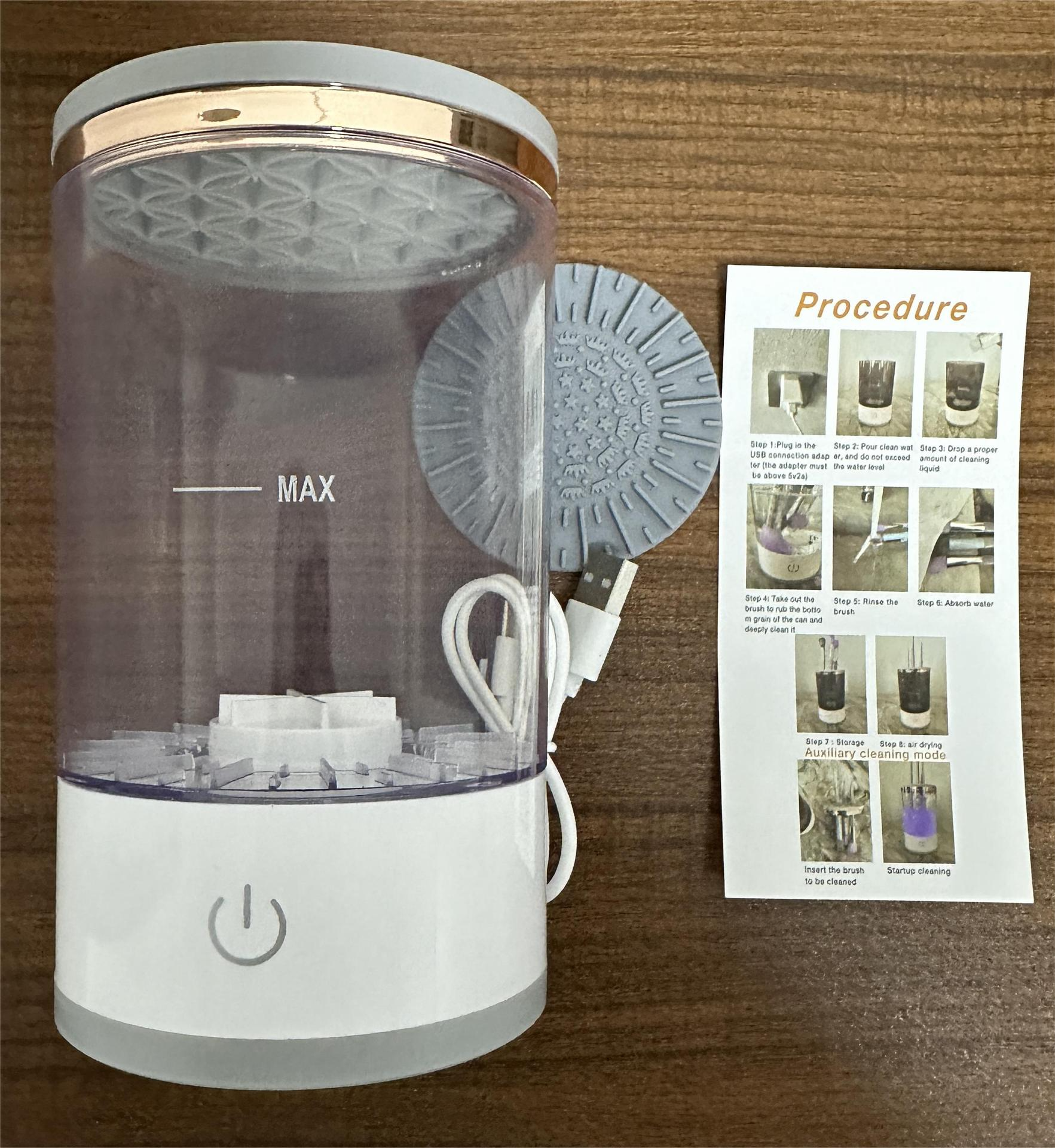 Makeup Brush Cleaner by PureAura with clear container, USB cord, cleaning mat, and instruction card.