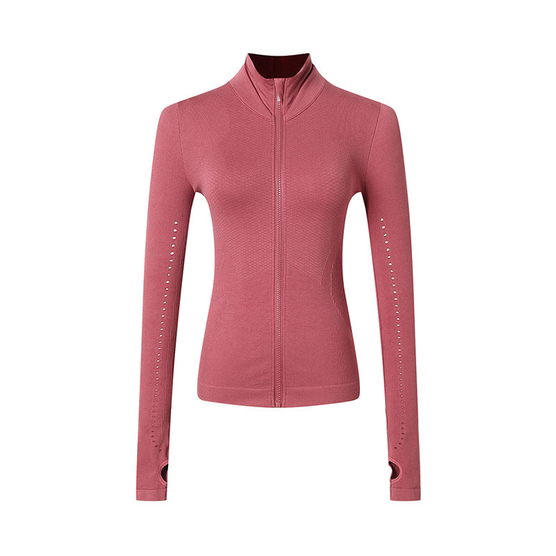 Lightweight pink Women's Long Sleeve Zip Sports Jacket, featuring breathable fabric and stylish design, by PureAura.