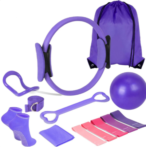 Vibrant purple 13-Piece Yoga & Pilates Set featuring a ring, ball, resistance bands, and socks by PureAura.