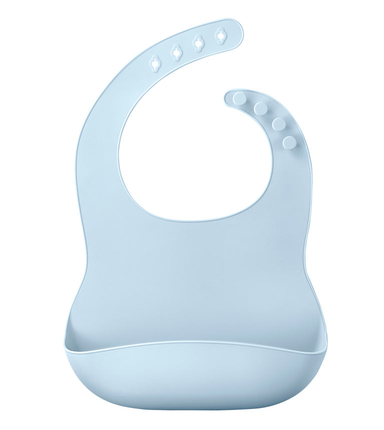 Light blue waterproof baby bib features a scoop design for catching spills, showcasing Waterproof Baby Bibs by PureAura.
