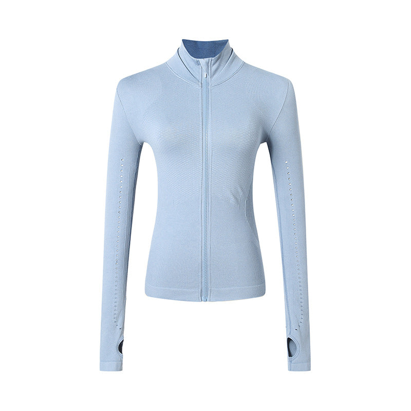 Light blue Women's Long Sleeve Zip Sports Jacket features stylish cutouts, perfect for yoga and running by PureAura.