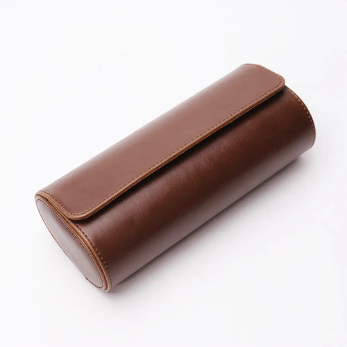 Brown leather 3 Slots Travel Watch Case featuring a sleek design and secure flap closure by PureAura.