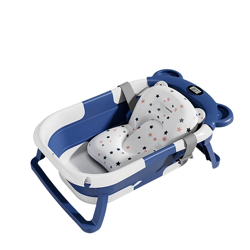 The Newborn Temp-Sensing Baby Tub features a colorful star-patterned interior, ideal for infant baths, by PureAura.
