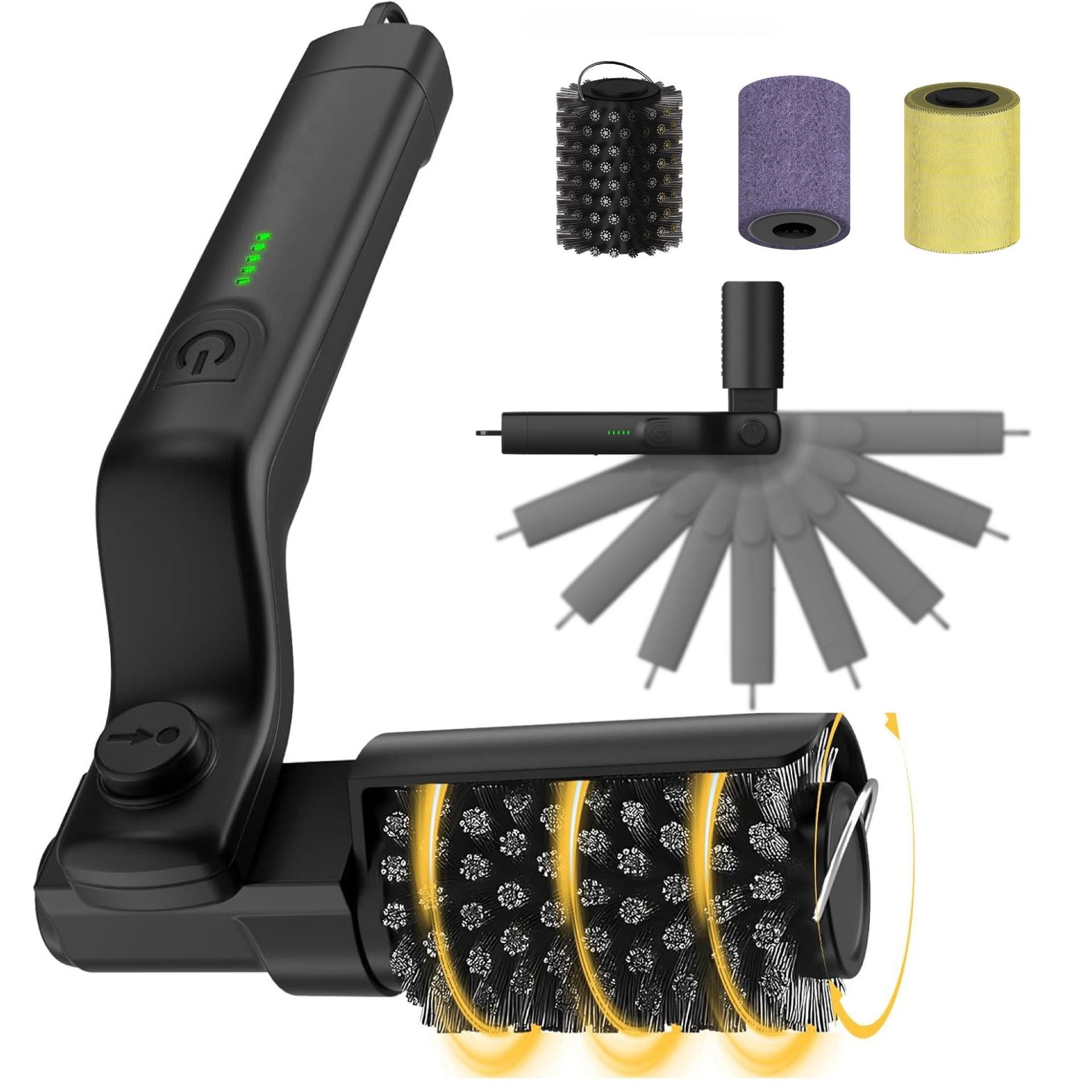 Electric BBQ Grill Brush Cleaner features an ergonomic black handle and interchangeable brush heads for efficient cleaning by