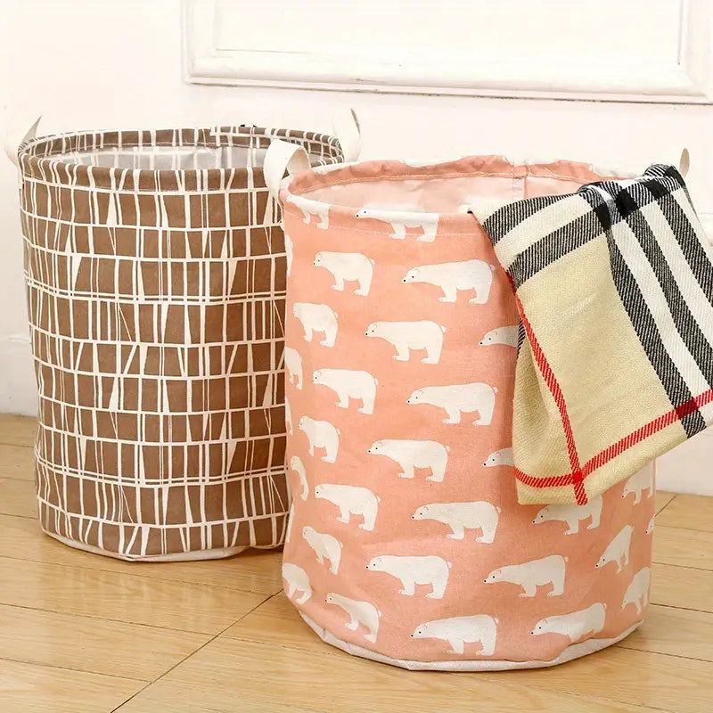 Two distinct cotton linen laundry baskets in a playful polar bear and a grid pattern, showcasing style and functionality by P