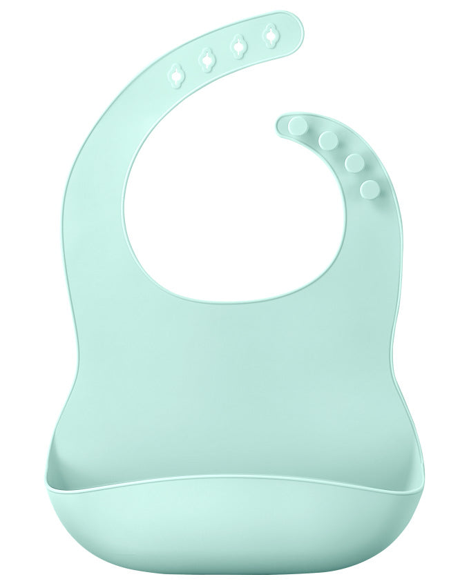 Light blue waterproof baby bib featuring a scoop pocket for messes, showcasing the Waterproof Baby Bibs by PureAura.