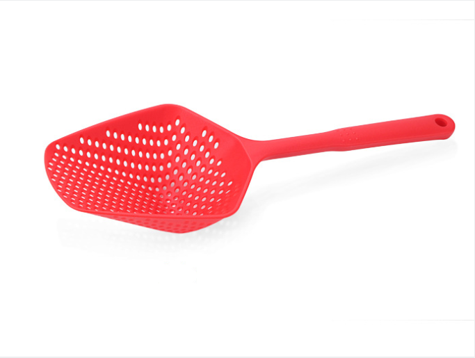 Bright red Plastic Water Strainer Spatula and Ice Shovel featuring a perforated design, designed by PureAura.