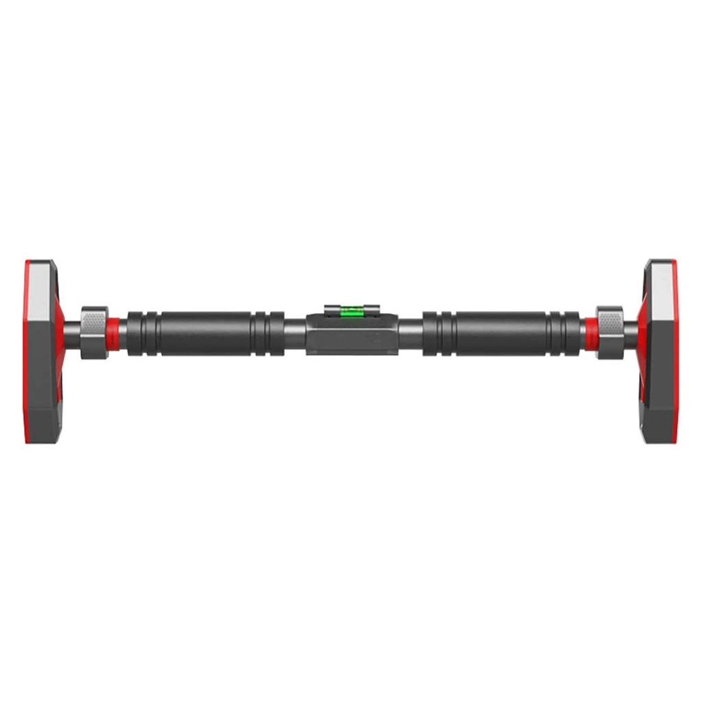 The Adjustable Doorway Pull Up Bar features a sleek black and red design with visible grip pads for stability by PureAura.
