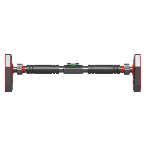 The Adjustable Doorway Pull Up Bar features a sleek black and red design with visible grip pads for stability by PureAura.