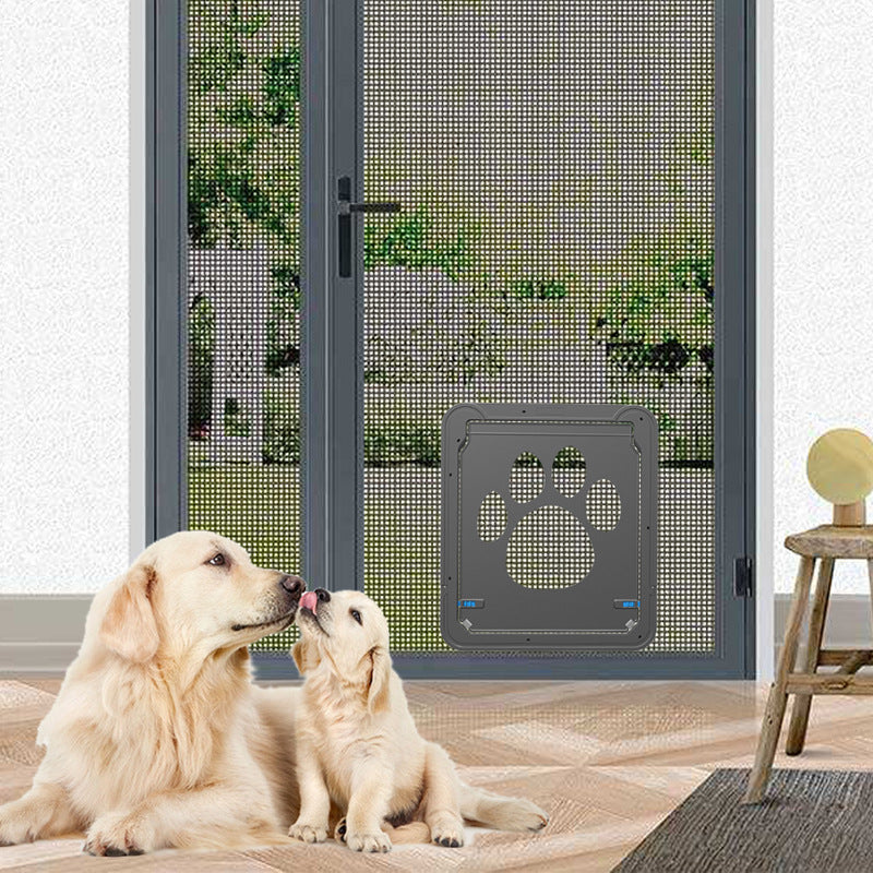 Creative Pet Door featured in a cozy home setting with two dogs beside it, showcasing its scratch-resistant design by PureAur