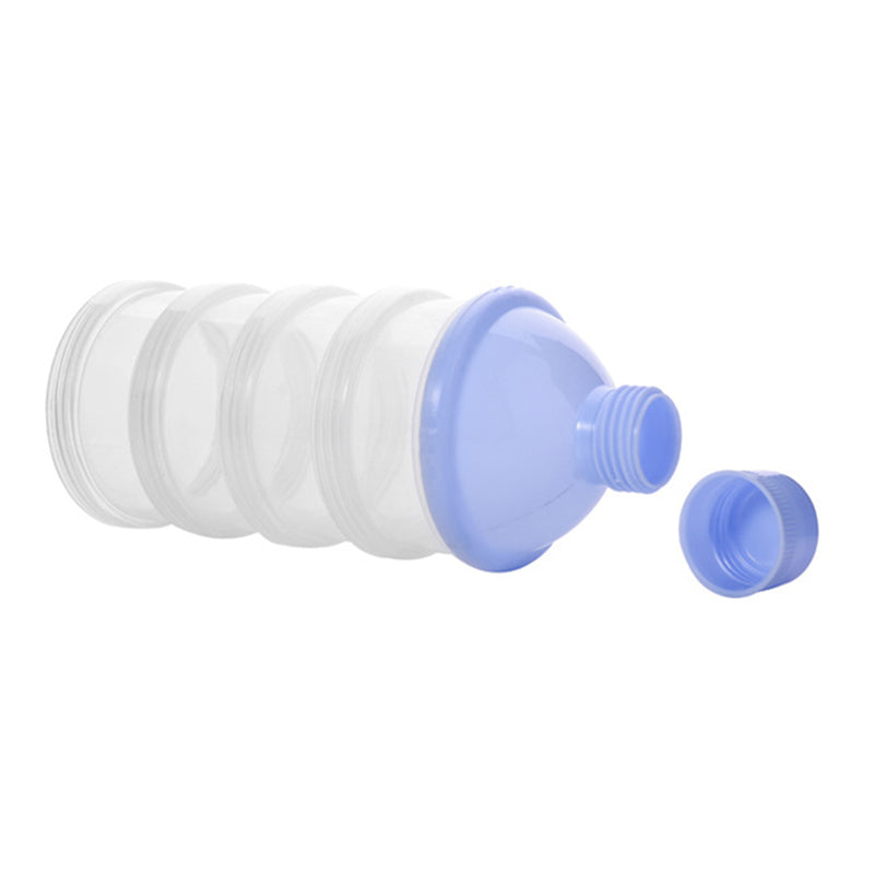 Four clear containers with a blue lid in a stacked design for easy storage, showing the Dora Baby 4-Layer Portable Milk Powde