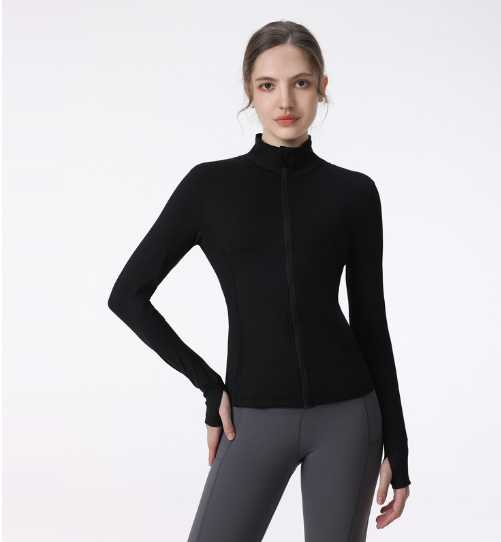 Model showcases a fitted black Women's Long Sleeve Zip Sports Jacket for Yoga & Running by PureAura.